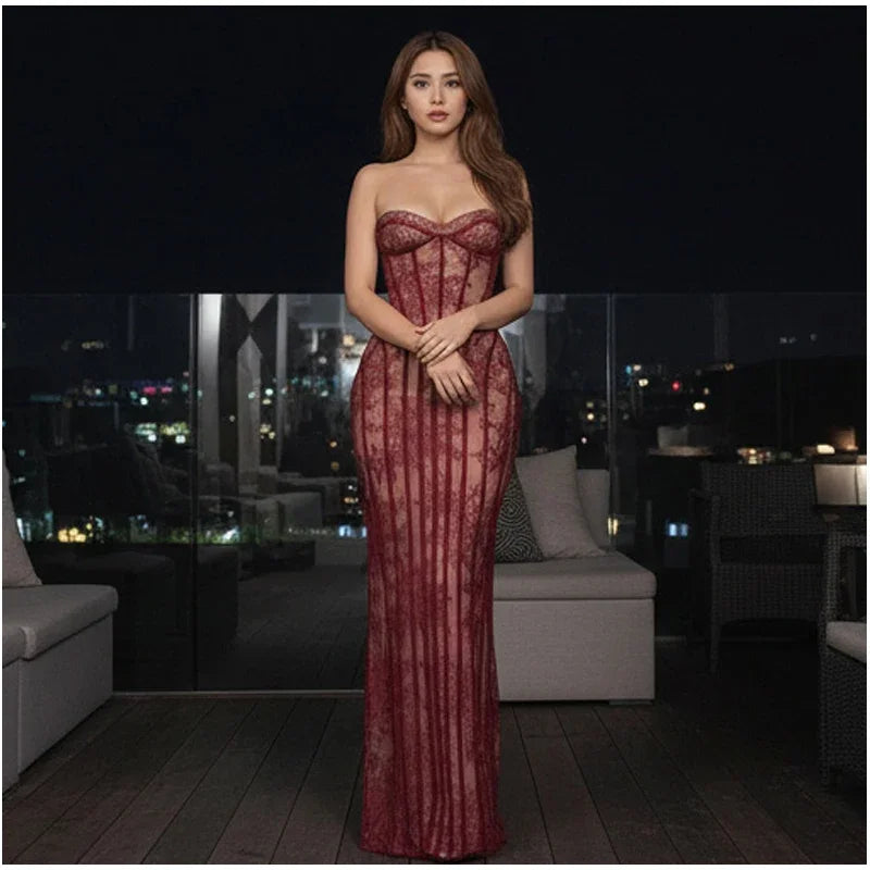 Robe longue chic en gaze sans bretelles, dos nu, épaules dénudées, imprimée, patchwork, slim, pour femme, soirée, 2026