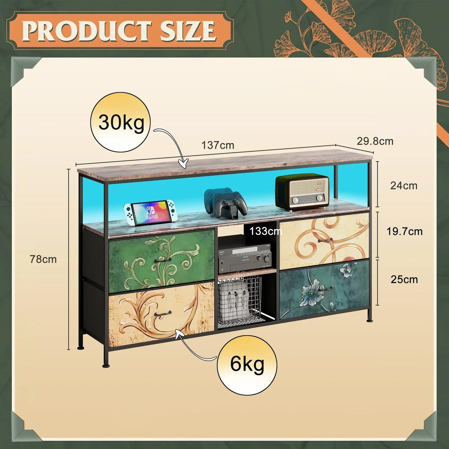 Rosahqnda Meuble TV avec 4 tiroirs, meuble TV, étagères réglables, table TV, meuble TV meuble de salon