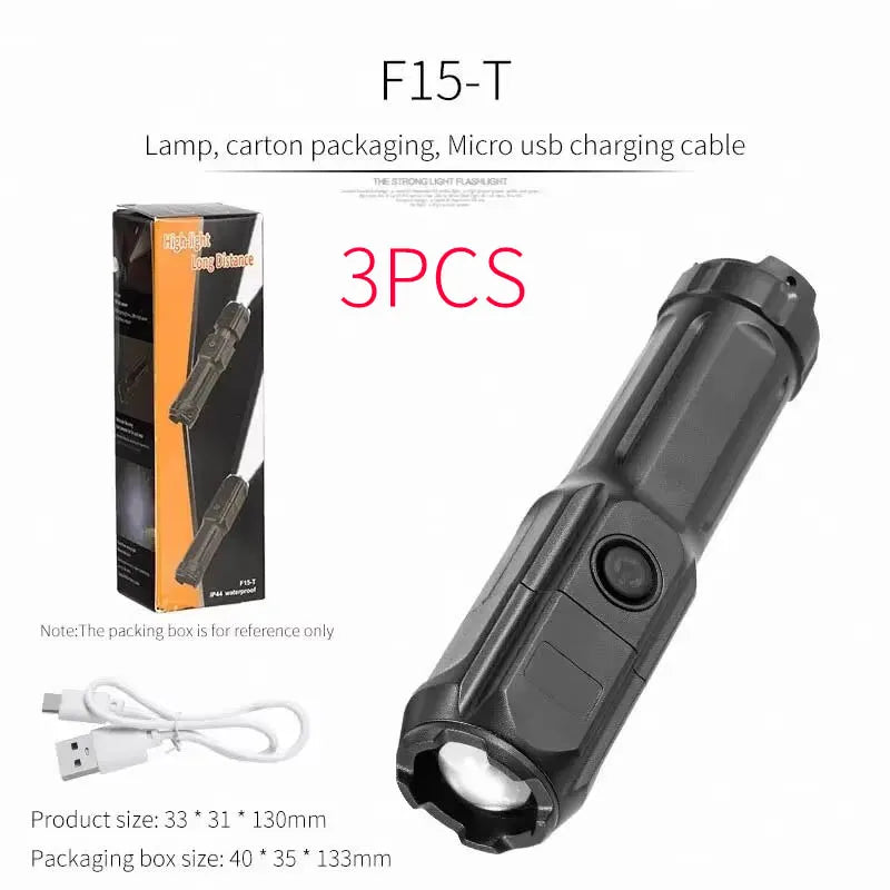 Lampe torche F15-T rechargeable USB, étanche IP44, 3 pièces avec câble et emballage