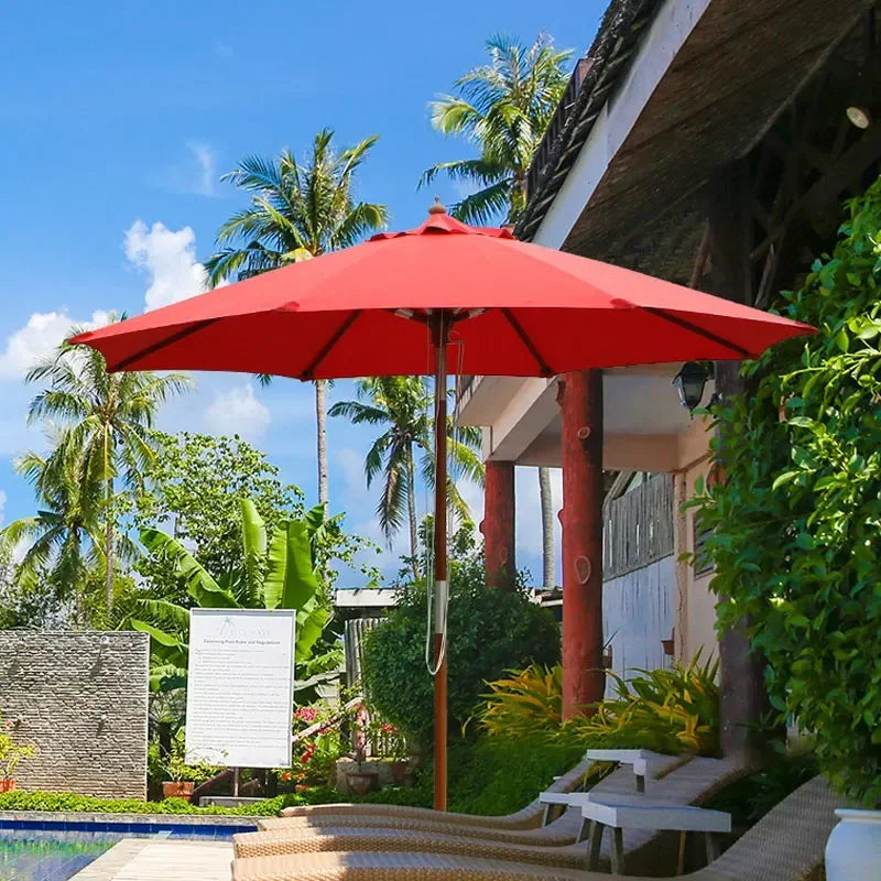Parasol rouge de jardin pour terrasse piscine, idéal pour détente en extérieur sous le soleil