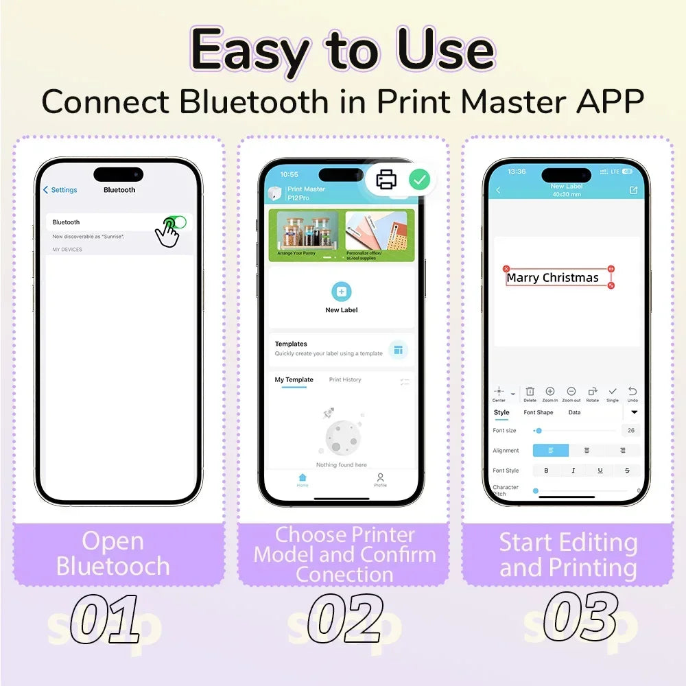 Guide d'utilisation de l'appli Print Master : connexion Bluetooth, choix imprimante et édition étiquette