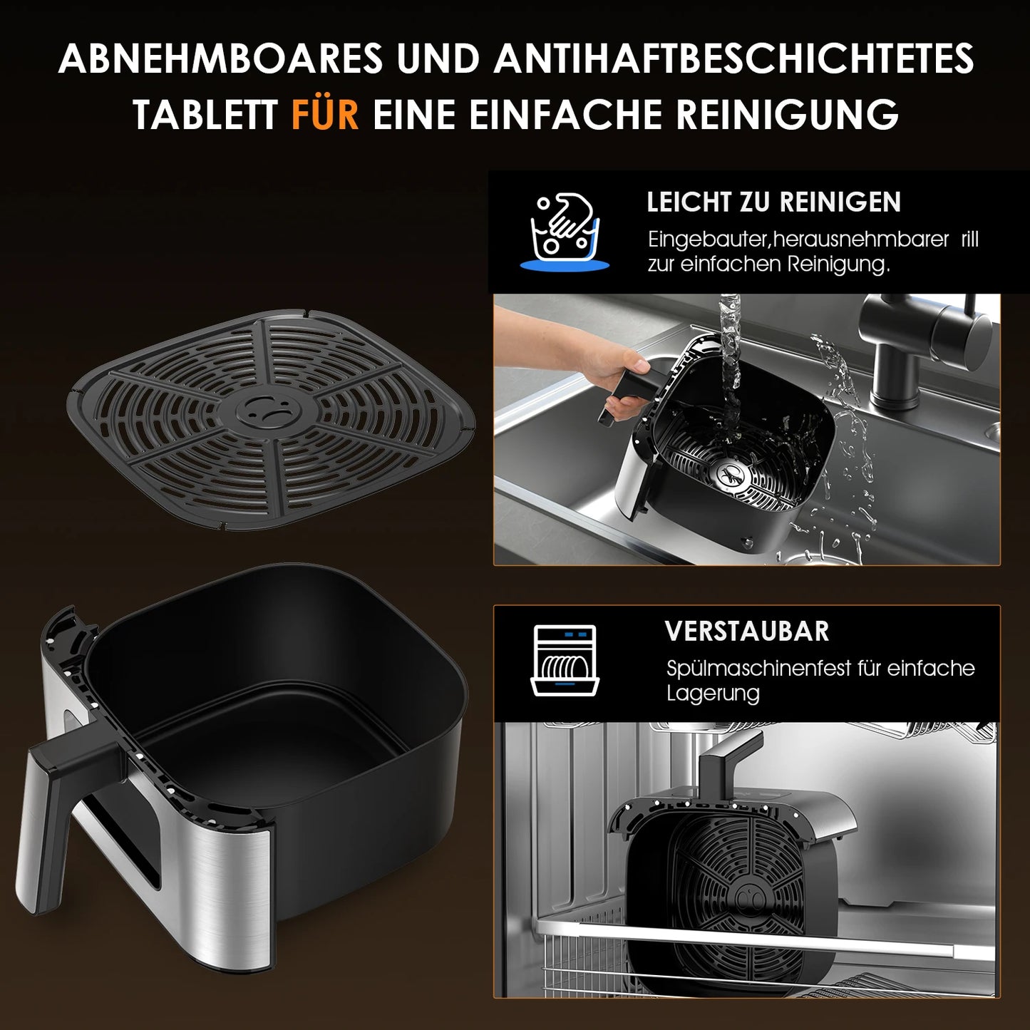 Panier friteuse air fryer amovible et antiadhésif, facile à nettoyer et compatible lave-vaisselle