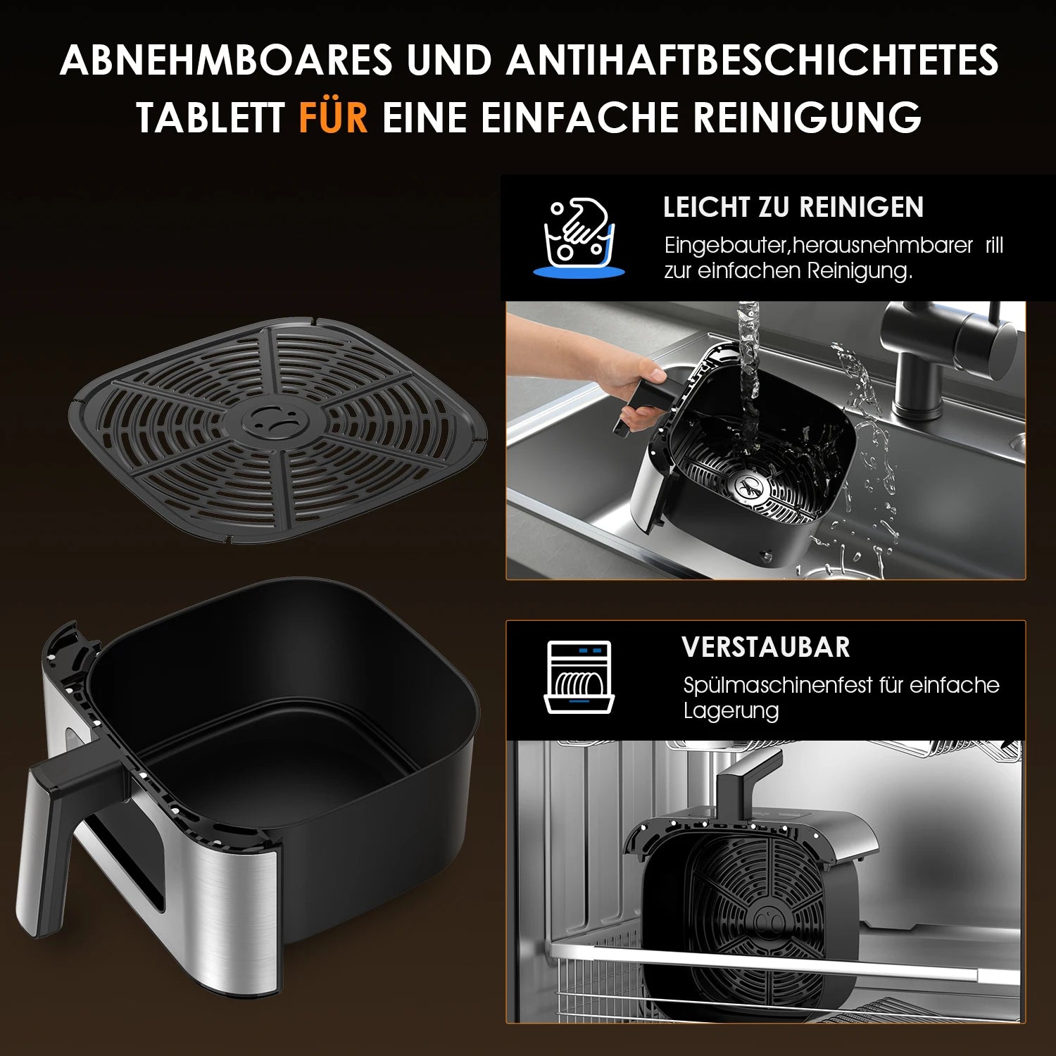 Panier friteuse air fryer amovible et antiadhésif, facile à nettoyer et compatible lave-vaisselle