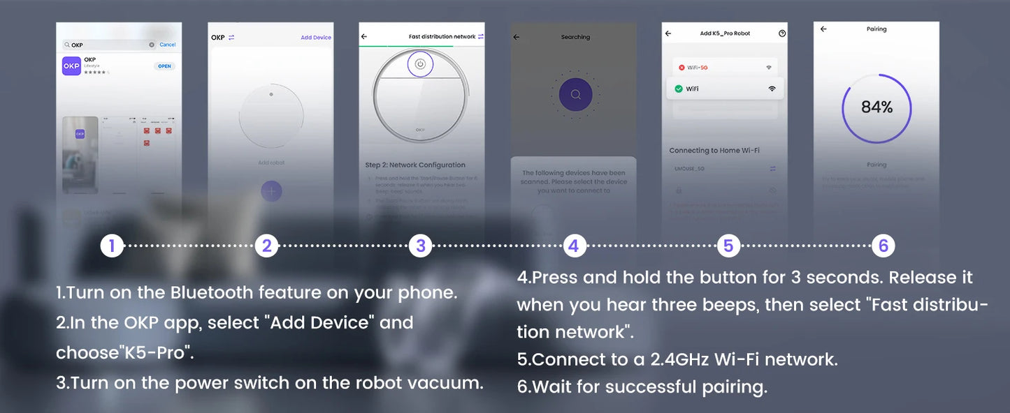 Guide d'installation de l'aspirateur robot K5-Pro via l'appli OKP : connexion Bluetooth, Wi-Fi 2.4GHz et appairage