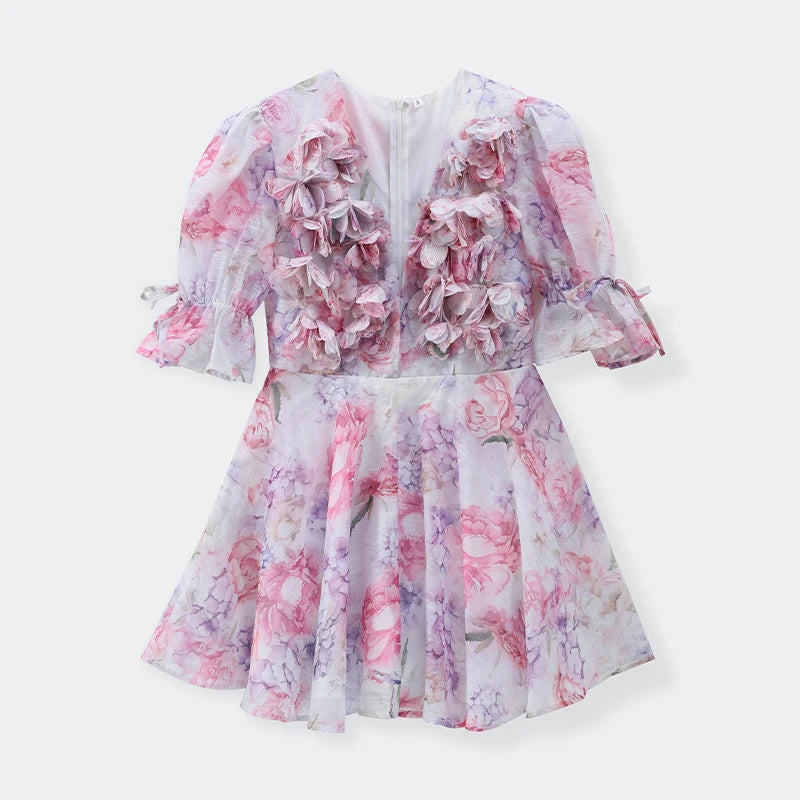 Femmes cravate-teinture 3D fleur col en V pleine sans manches Mini robes mode mince imprimé plusieurs plis robes nouvelle dame vêtements de vacances