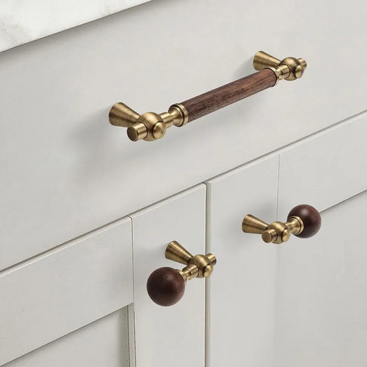 Nouvelle poignée de porte d'armoire en noyer de style chinois – Bouton rond monotrou en laiton et bois nordique en or pour tiroirs et meubles