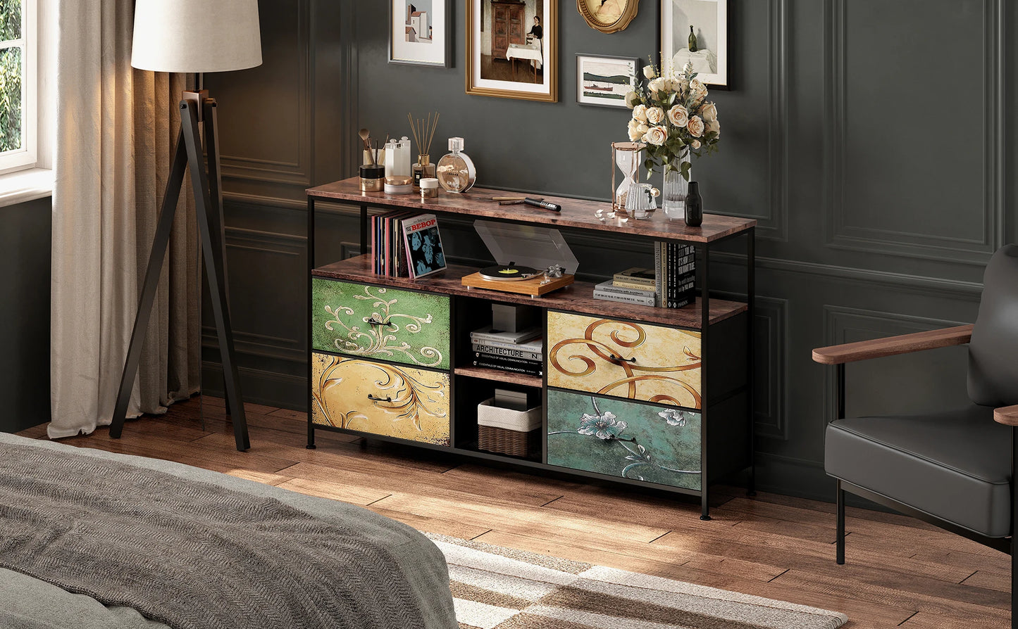 Rosahqnda Meuble TV avec 4 tiroirs, meuble TV, étagères réglables, table TV, meuble TV meuble de salon