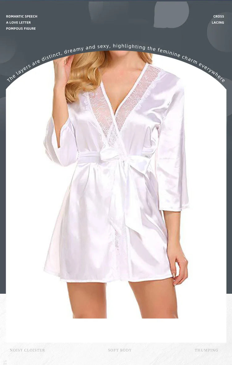 Robe de Nuit Sexy en Satin et Dentelle pour Femme, Chemise Courte, Kimono, Peignoir, Lingerie, Douce, Confortable, Noire, Grande Taille