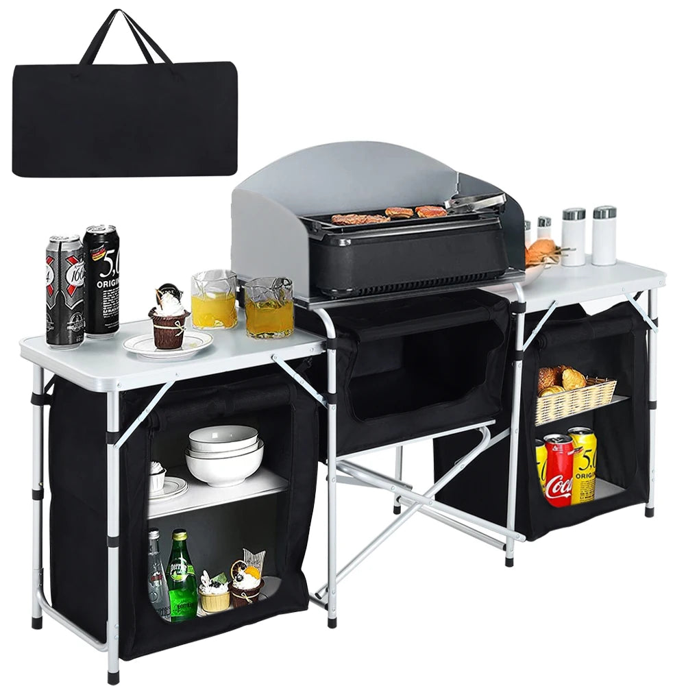 Ensemble de table de cuisine de camping Portable, support de rangement extérieur Vertical, table de préparation pliable avec armoire de rangement