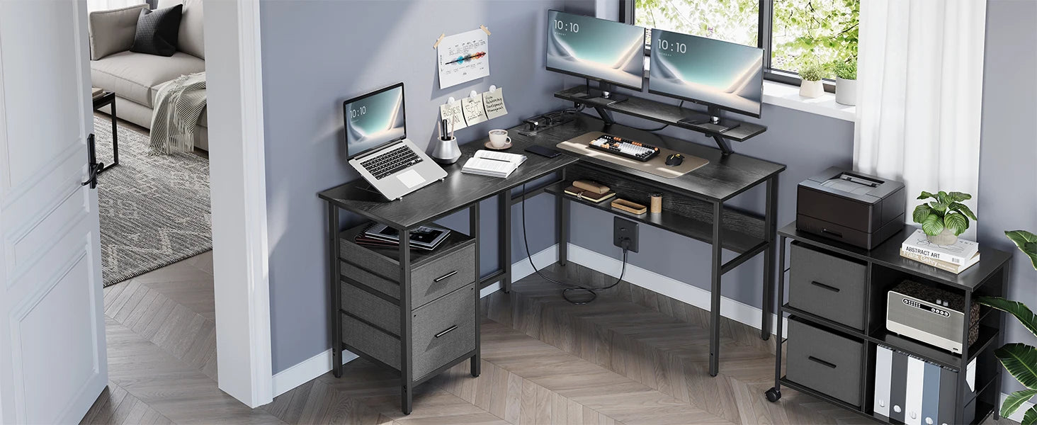 Bureau d'angle moderne avec tiroirs, écran double et espace de travail optimisé pour home office