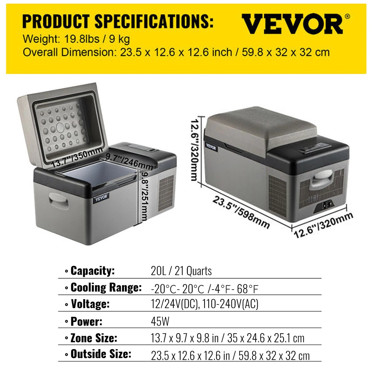 Mini réfrigérateur portable VEVOR 20L, 12V/24V, refroidissement -20°C à 20°C, dimensions 59,8 x 32 x 32 cm