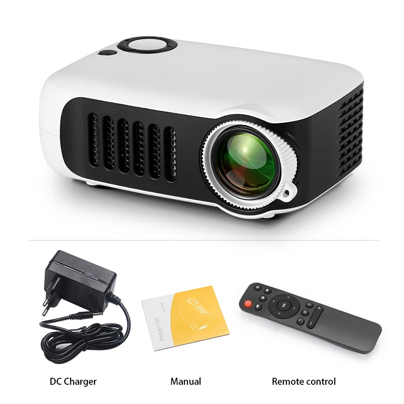 Projecteur portable HD avec télécommande, chargeur et manuel inclus, idéal pour cinéma maison