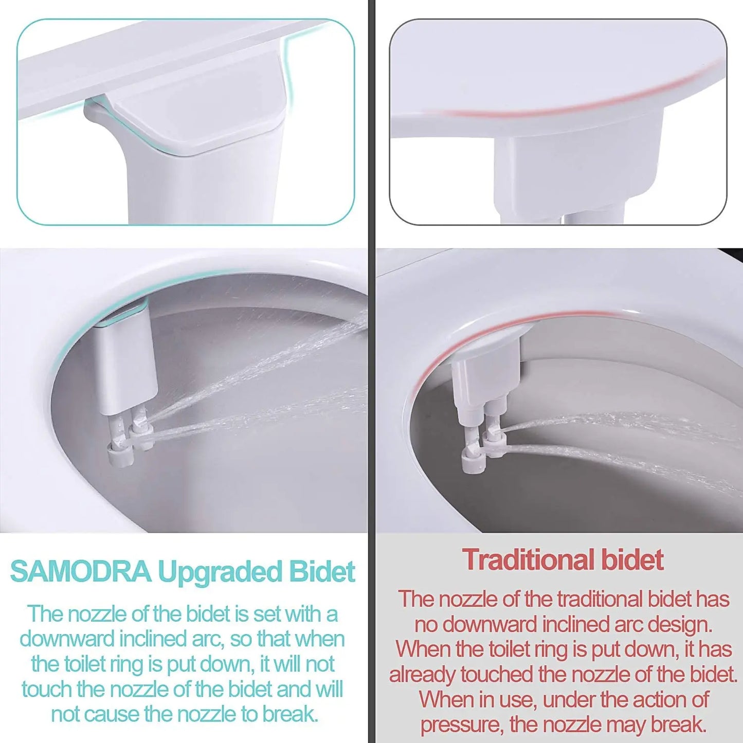 Comparaison bidet amélioré vs traditionnel : conception de buse inclinée pour éviter les cassures, idéal pour salle de bain moderne