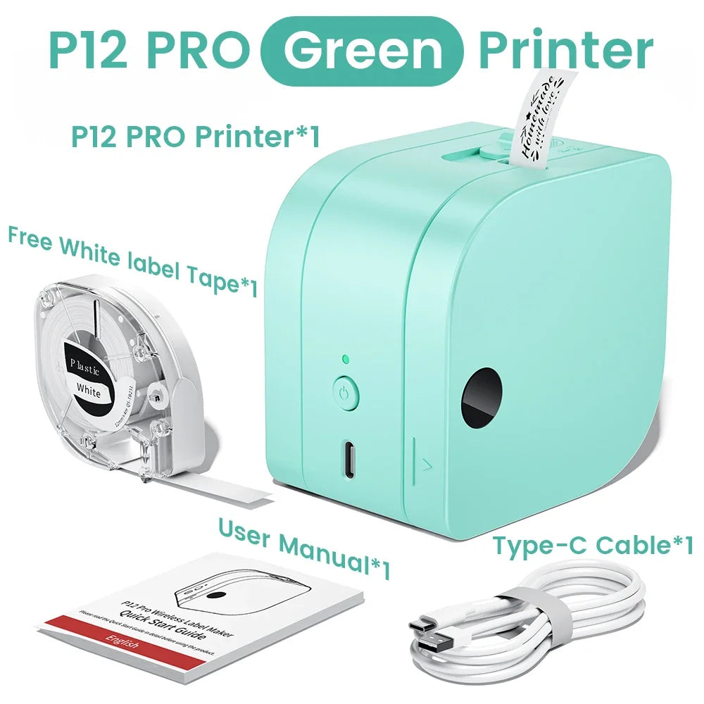 Imprimante d'étiquettes P12 PRO Green, ruban blanc, câble USB-C et manuel inclus