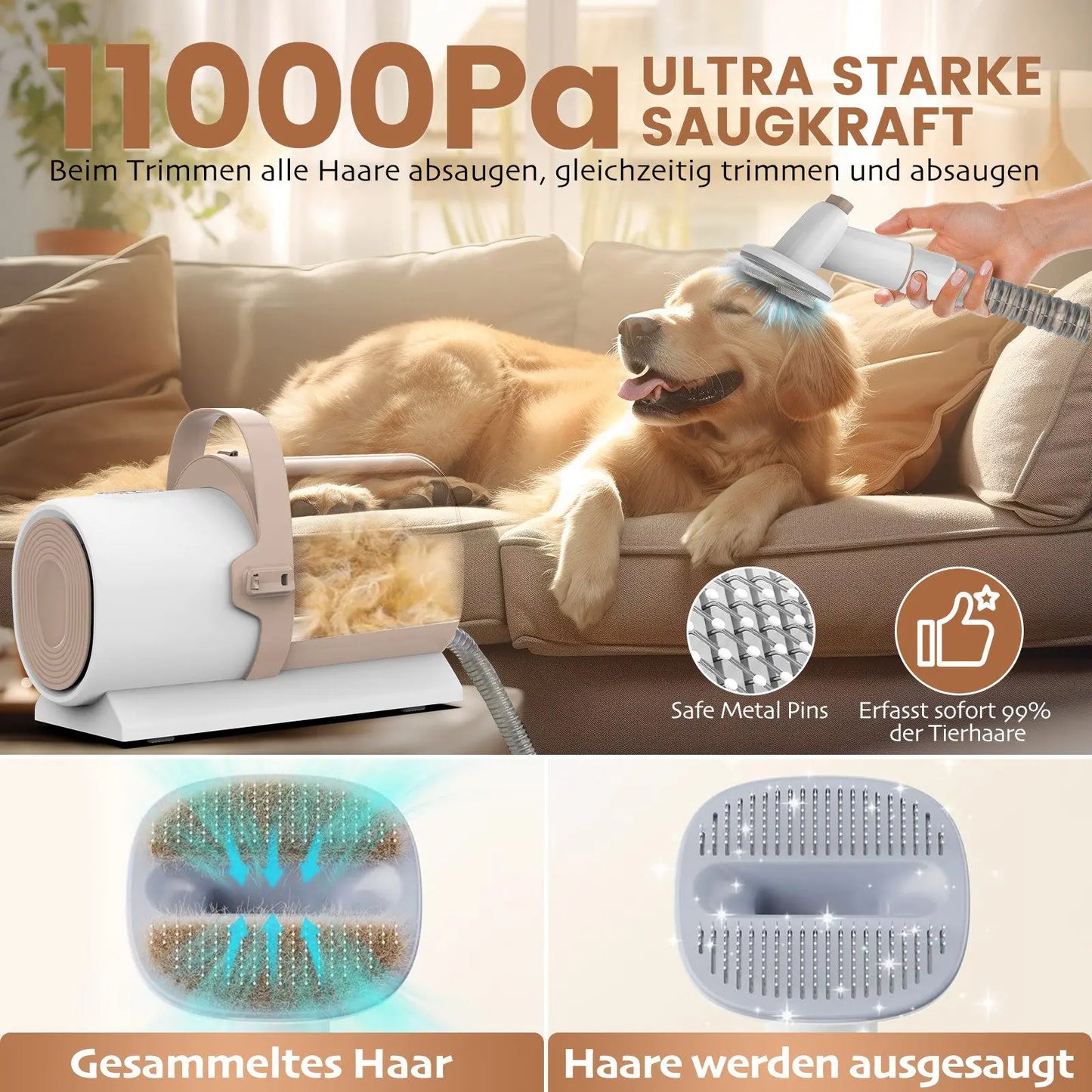 AIRROBO PG50 Kit de toilettage pour chiens, aspirateur de toilettage pour chiens 5 en 1, poussière 2,5 L, 11 000 Pa, super aspiration pour poils d'animaux, faible bruit