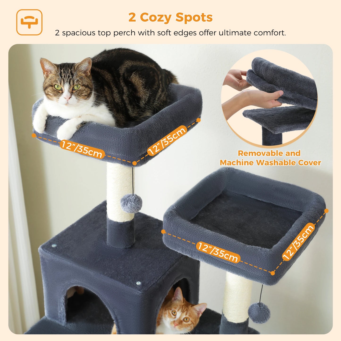Arbre à chat gris avec 2 plateformes douillettes 35 cm, coussins amovibles et lavables, griffoir intégré