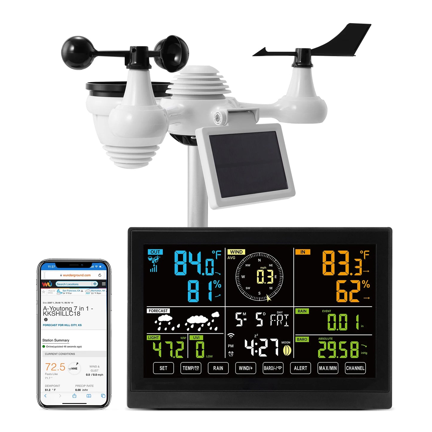 Station météo Wi-Fi 7-en-1 SucceBuy avec écran couleur de 7,5 pouces + capteur extérieur solaire sans fil, alertes de température et d'humidité