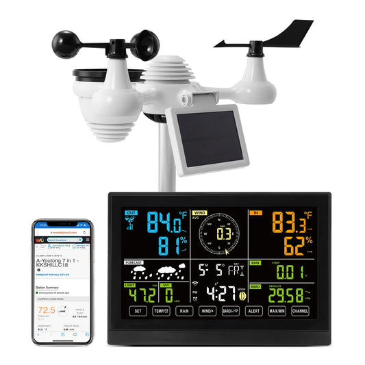 Station météo Wi-Fi 7-en-1 SucceBuy avec écran couleur de 7,5 pouces + capteur extérieur solaire sans fil, alertes de température et d'humidité