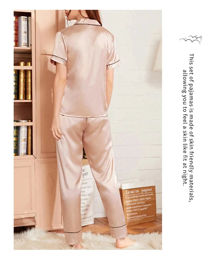 Ensemble de pyjama brodé en satin pour femme, poche, cœur, confortable, manches courtes, bouton, pantalon de salon, vêtements de nuit