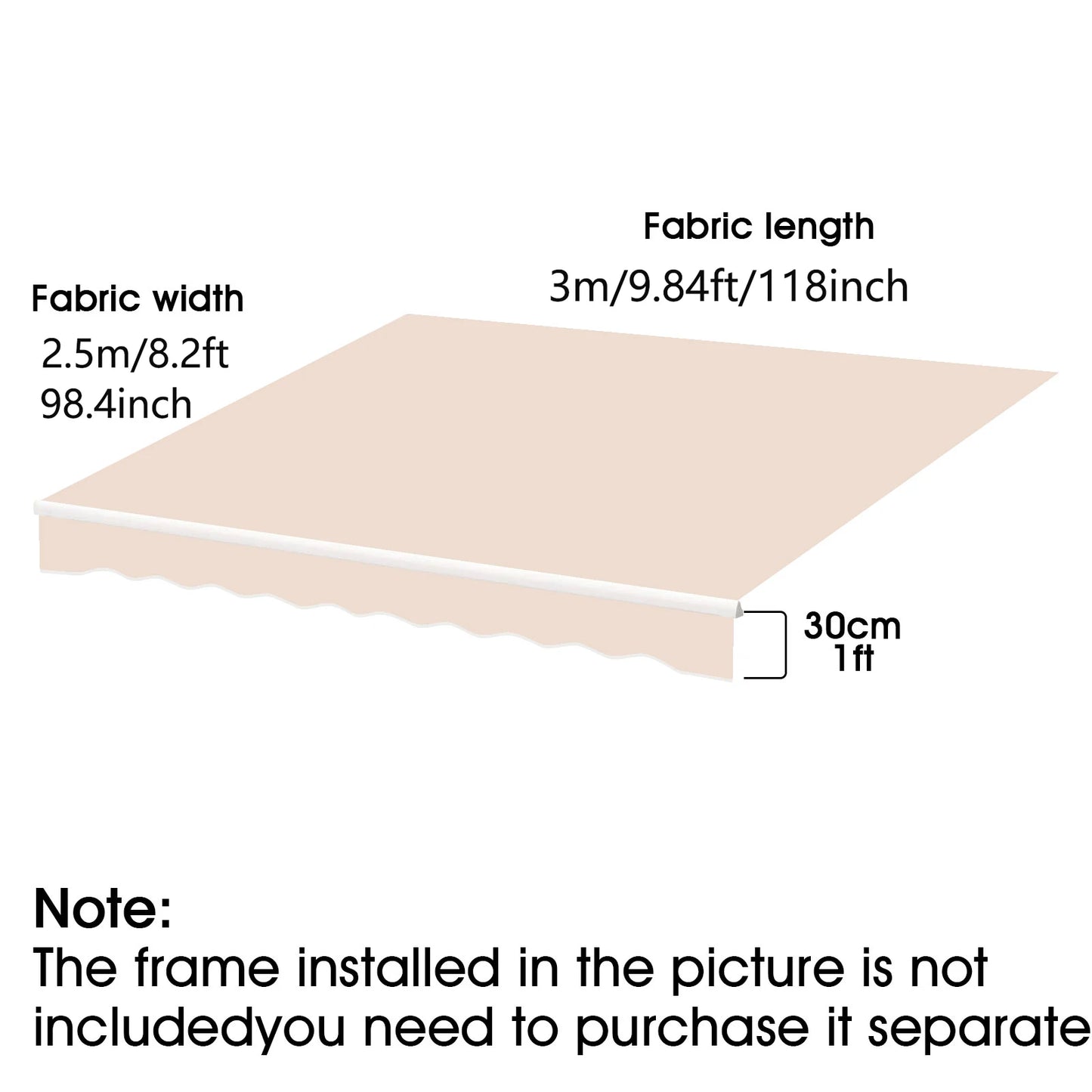 Toile de store extérieur 3m x 2.5m, largeur 98.4 pouces, longueur 118 pouces, bordure 30 cm
