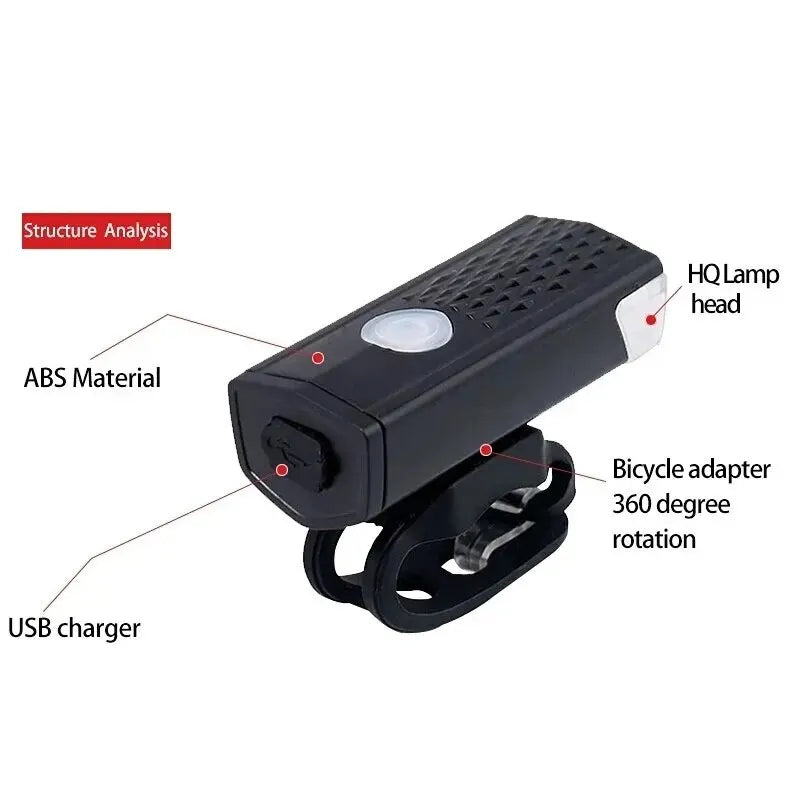 Phare vélo USB rechargeable en ABS, tête lampe HQ, adaptateur 360°
