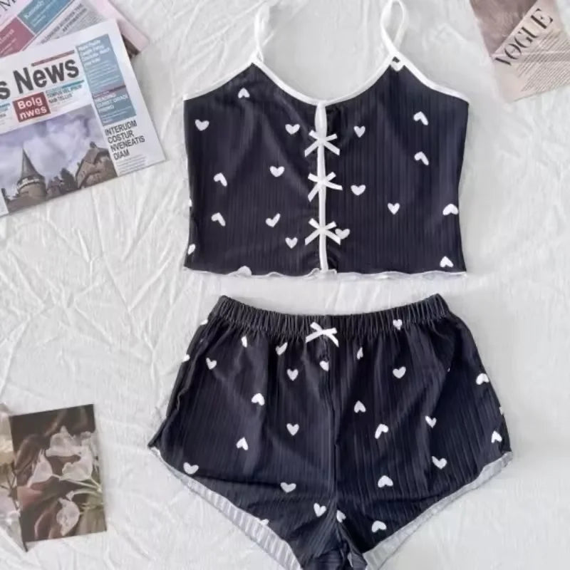 Vêtements de nuit femmes pyjamas ensemble coeur imprimé tissu côtelé doux avec glamour volants garniture décontracté Cami haut et short ensembles vêtements de détente nouveau