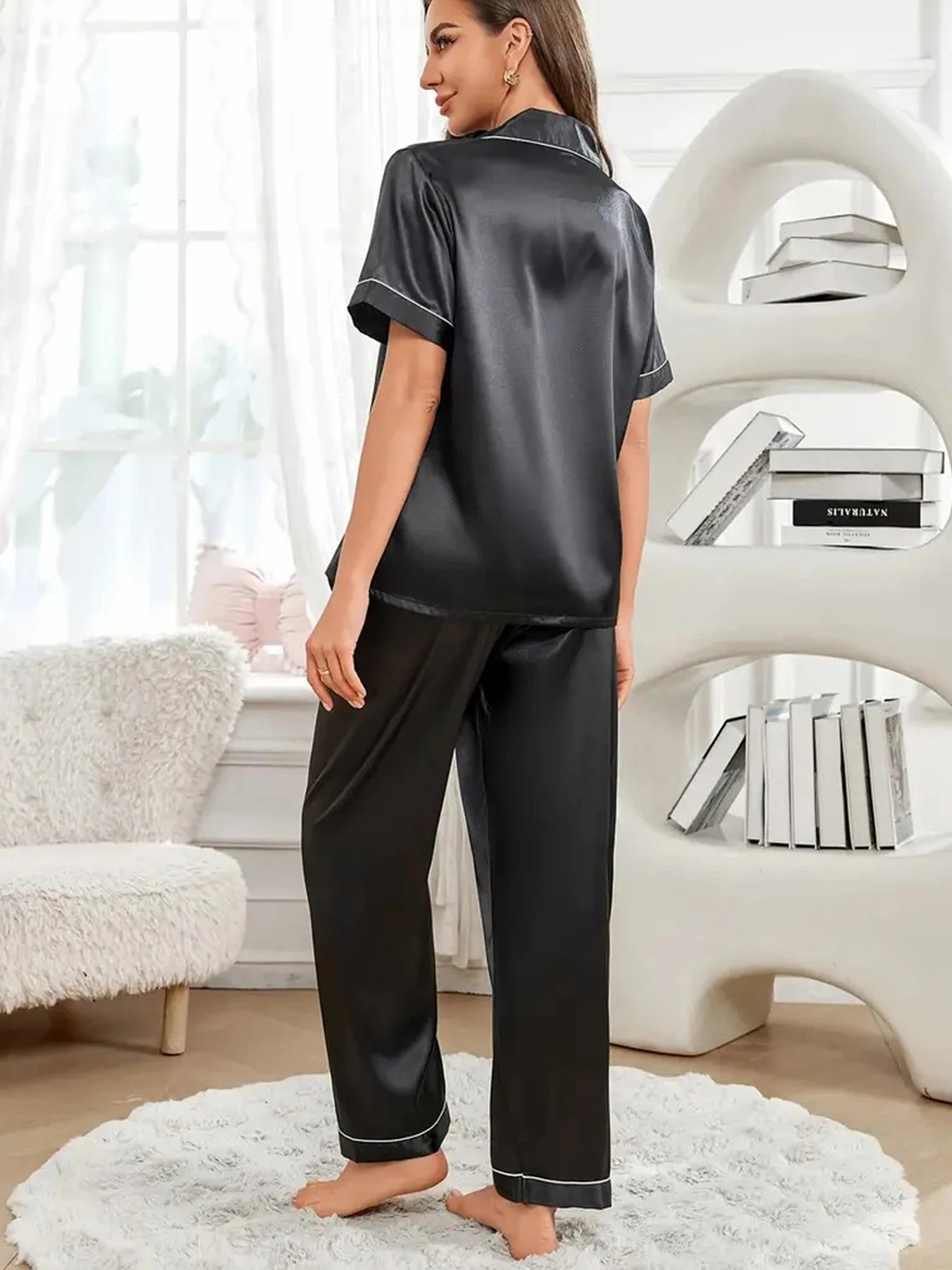 Ensemble de pyjama brodé en satin pour femme, poche, cœur, confortable, manches courtes, bouton, pantalon de salon, vêtements de nuit