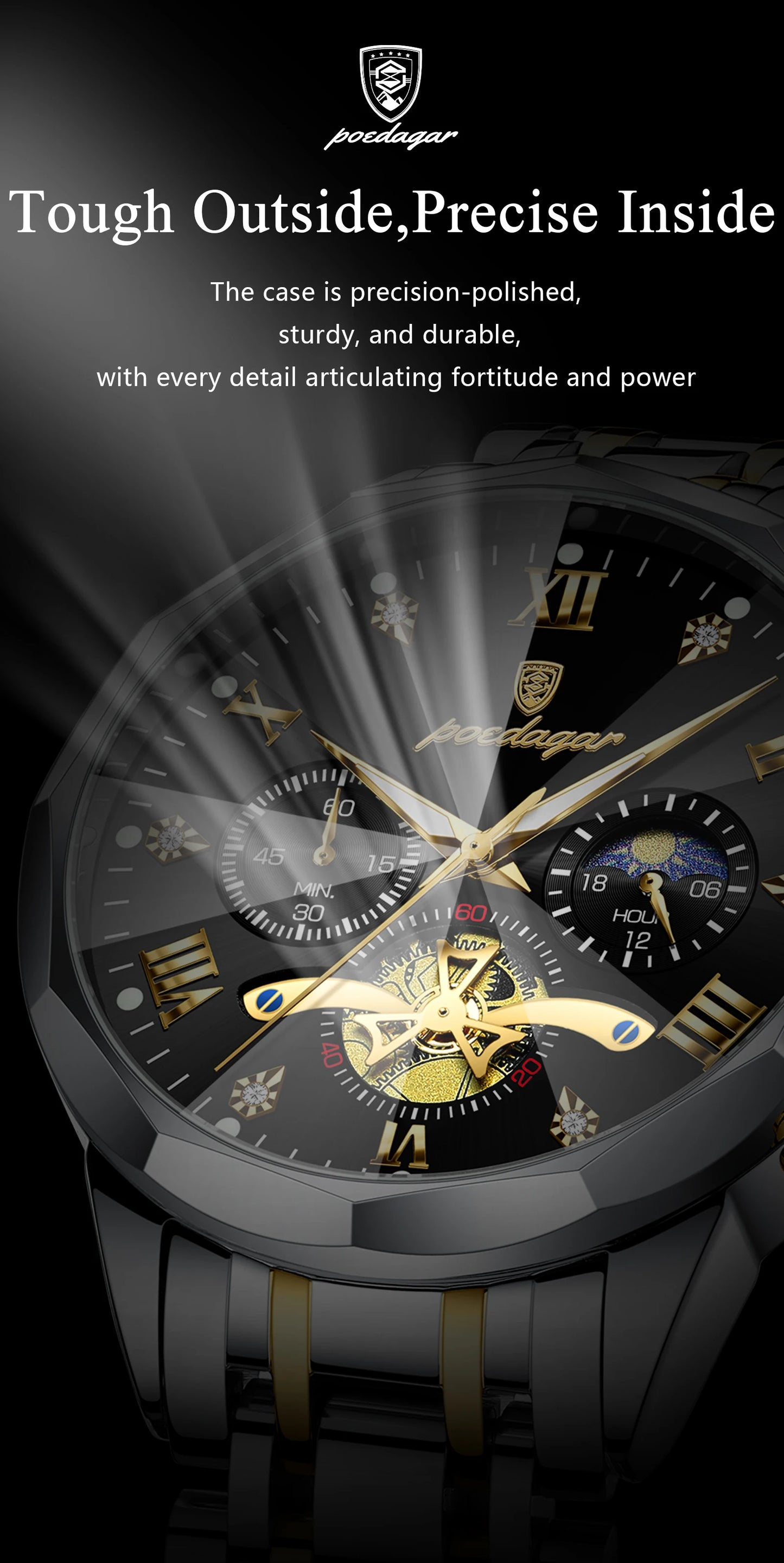 POEDAGAR Montre de luxe pour homme, étanche, chronographe lumineux, montre sport pour homme, acier inoxydable, montre à quartz tendance pour homme, Reloj