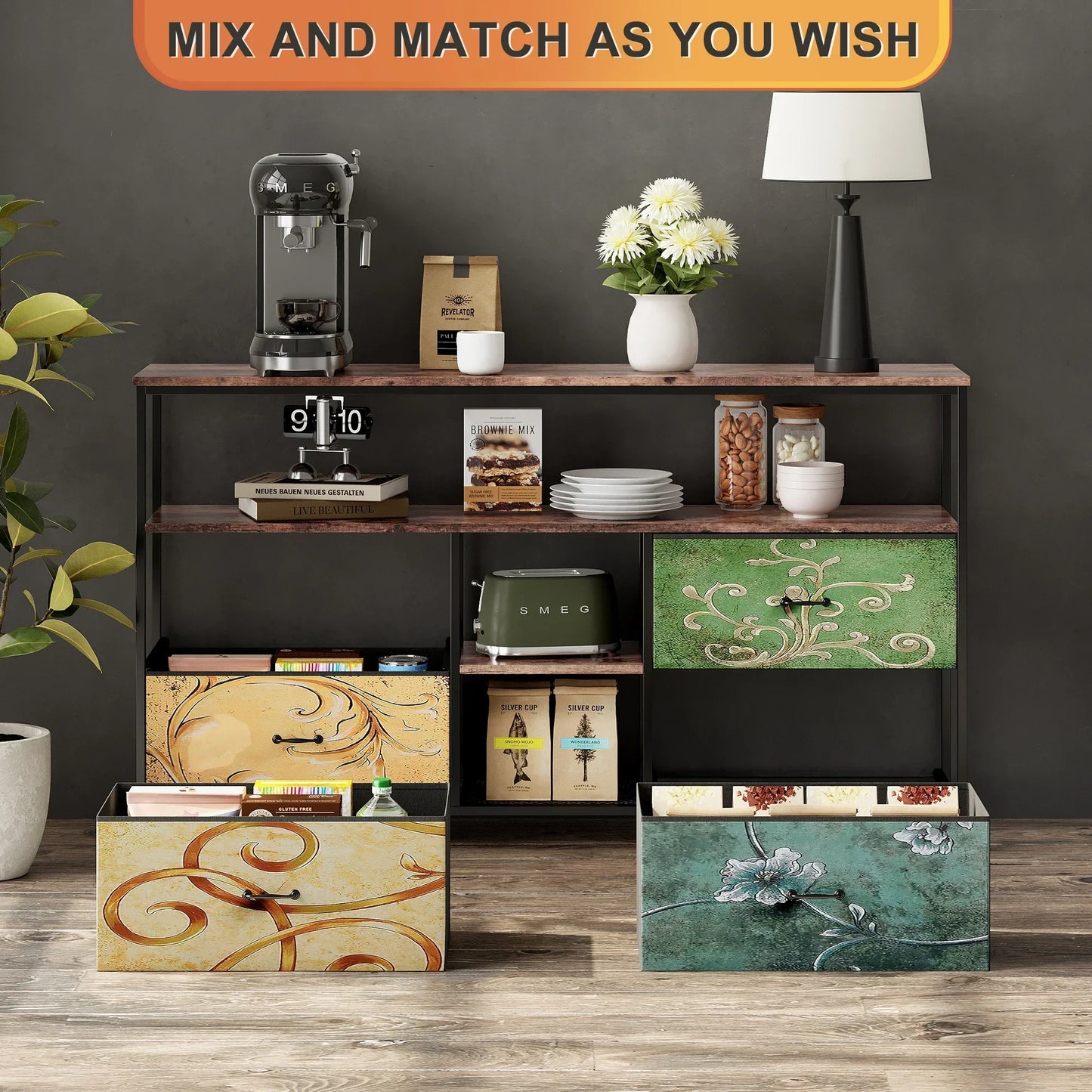 Rosahqnda Meuble TV avec 4 tiroirs, meuble TV, étagères réglables, table TV, meuble TV meuble de salon