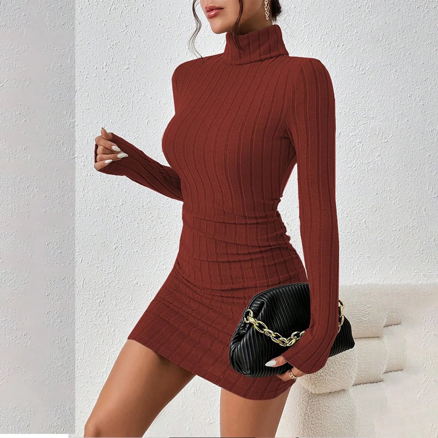 Spèly-Robe à col roulé à manches longues pour femmes, Mini gaine sexy, Robes de club, Drum con, ixélégante, Automne, Hiver