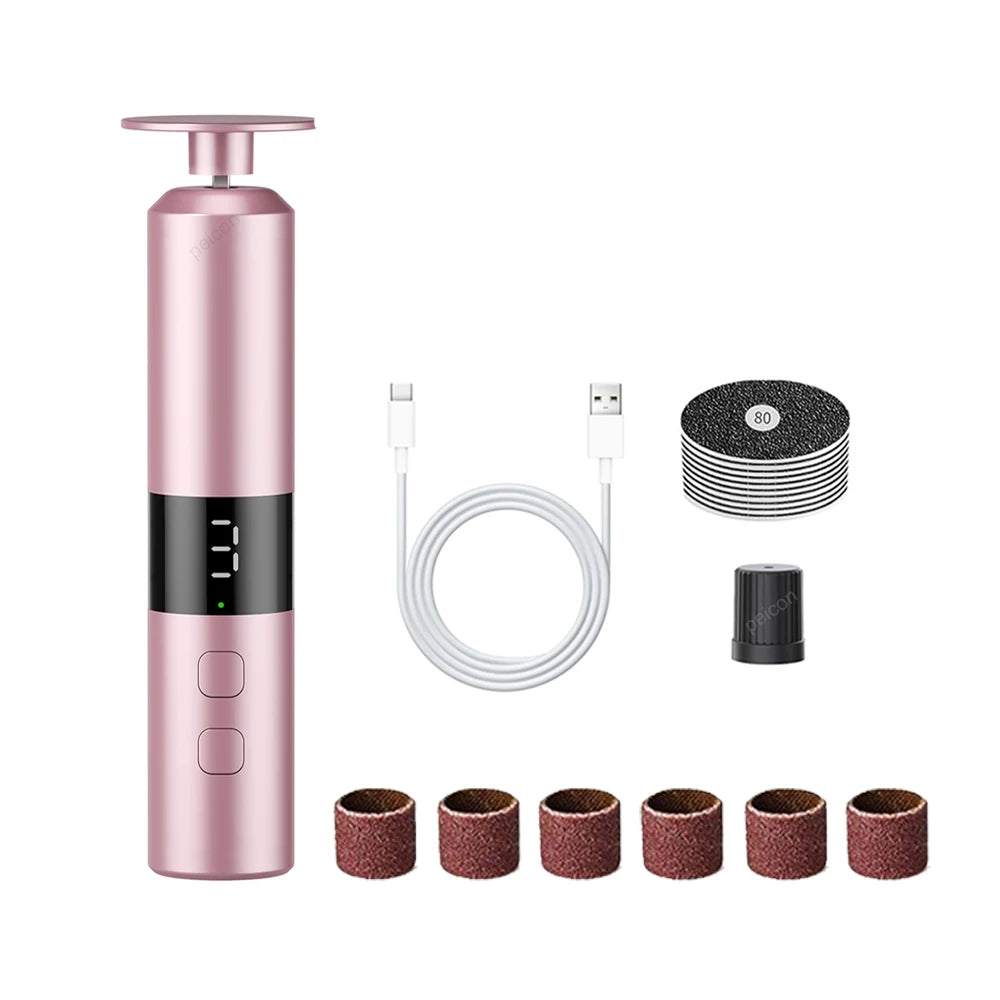 Limeur à ongles électrique rose avec accessoires et câble USB, outil de manucure rechargeable