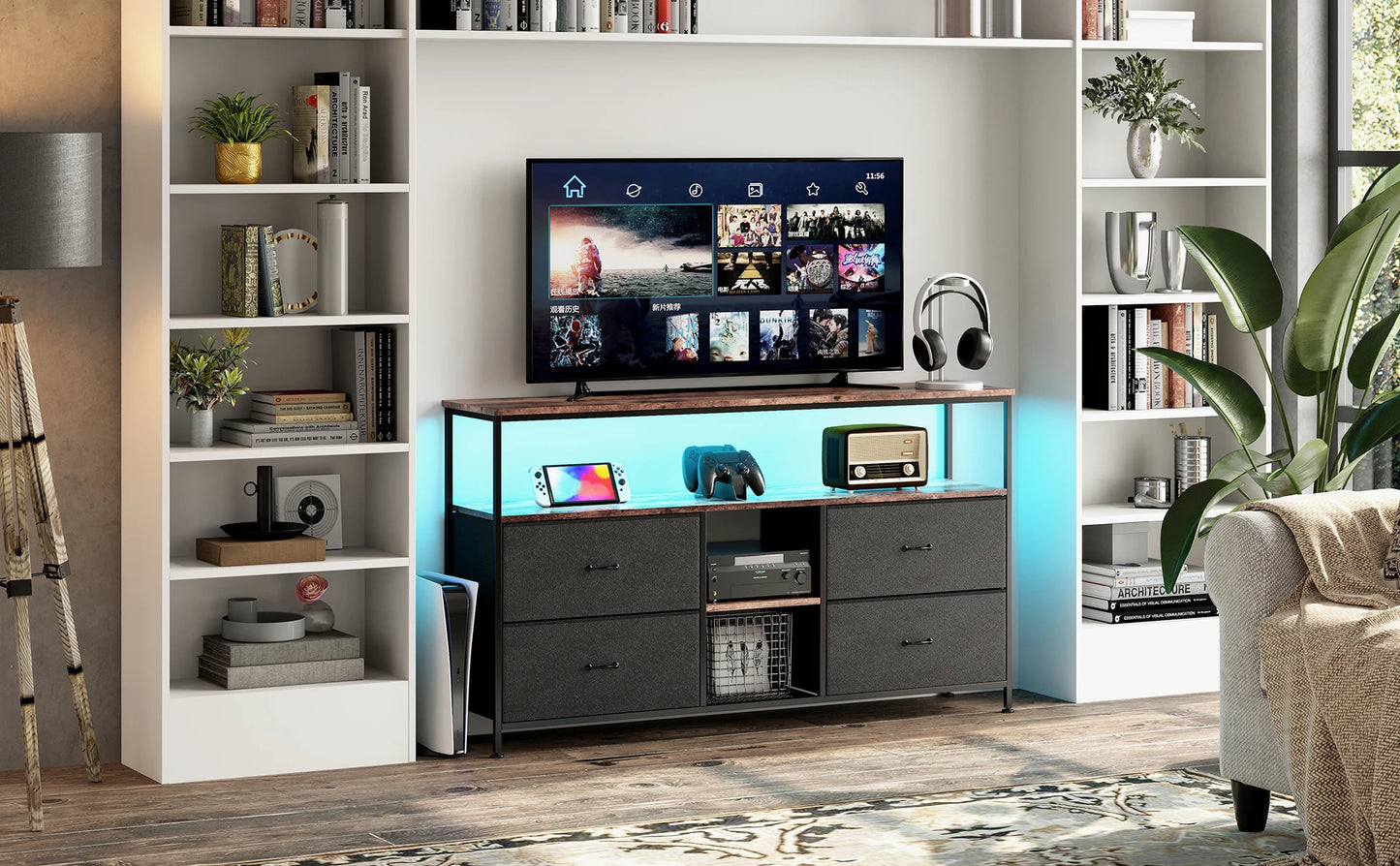 Rosahqnda Meuble TV avec 4 tiroirs, meuble TV, étagères réglables, table TV, meuble TV meuble de salon