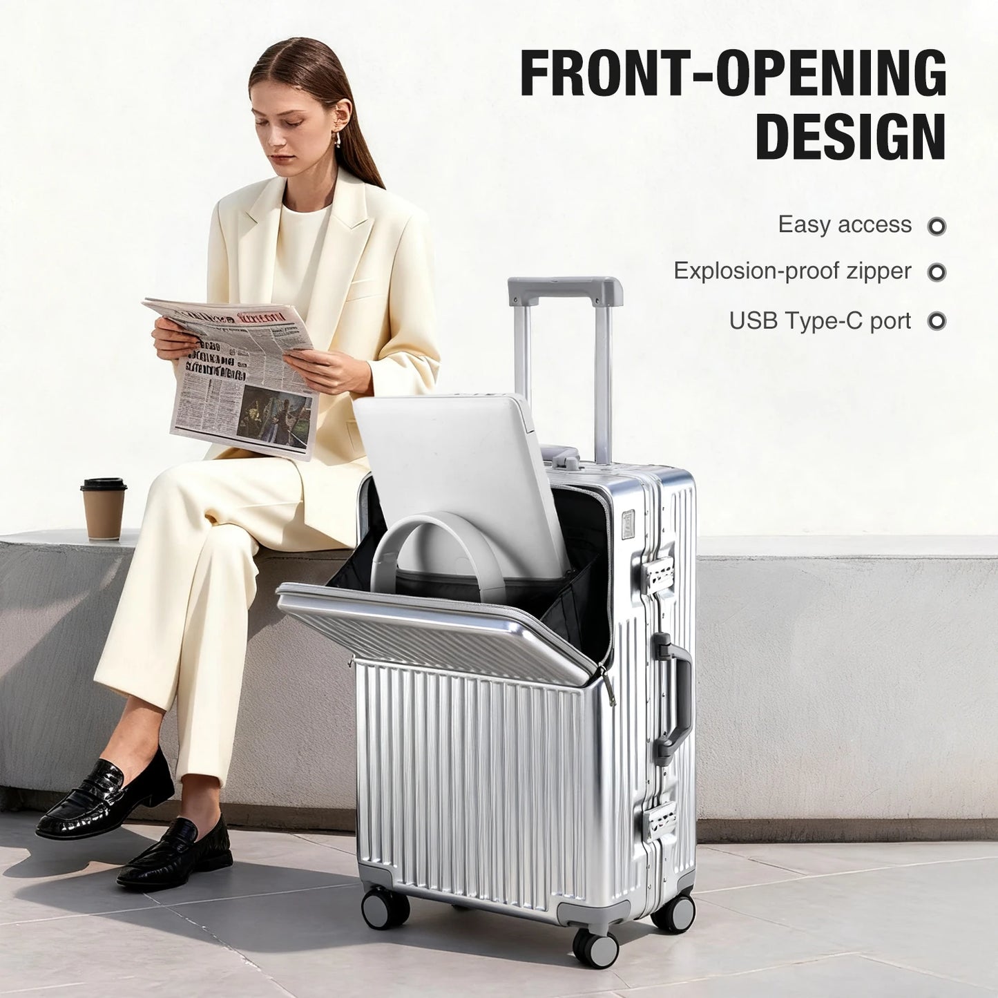 Valise rigide AIWEINY avec cadre en aluminium léger, 360 °   Valise de voyage/sur roulettes silencieuses, avec serrure TSA, avec port USB, 20/24/27 pouces