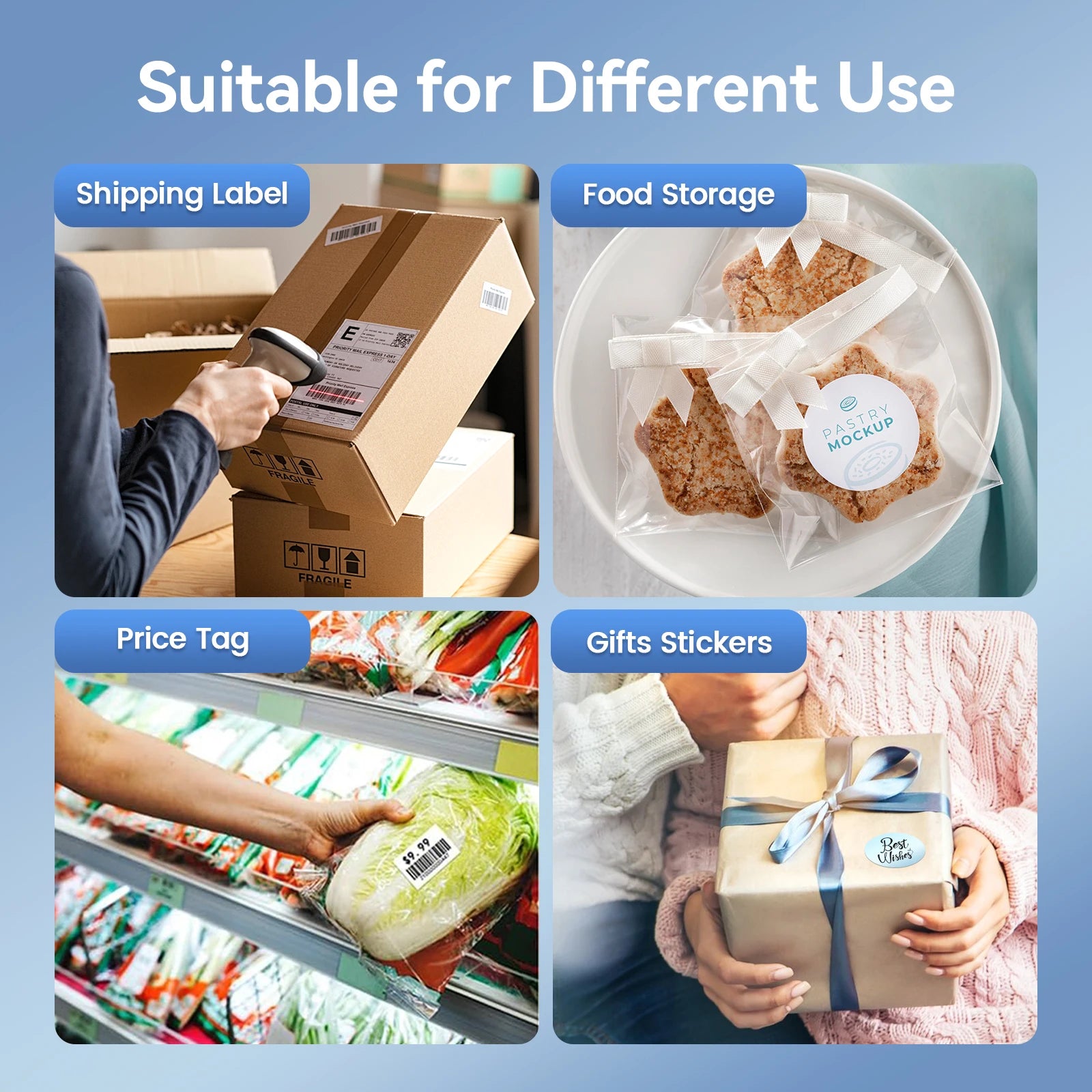 Étiquettes adhésives polyvalentes pour colis, alimentation, prix et cadeaux - usage multiple