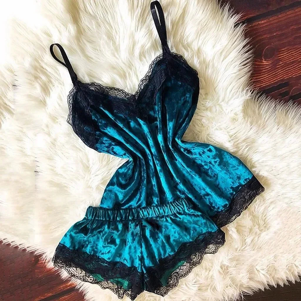 Été déshabillé en dentelle Sexy Satin pyjamas ensemble femmes chemise de nuit 2 pièces haut court et ensemble short et haut Homewear vêtements de détente