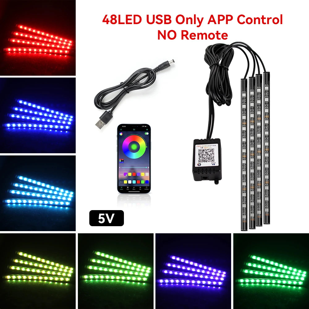 Kit de lumière d'ambiance pour intérieur de voiture, néon 36 48 72 LED, rétro-éclairage, application à distance, contrôle de la musique, lampe décorative d'ambiance RGB automatique