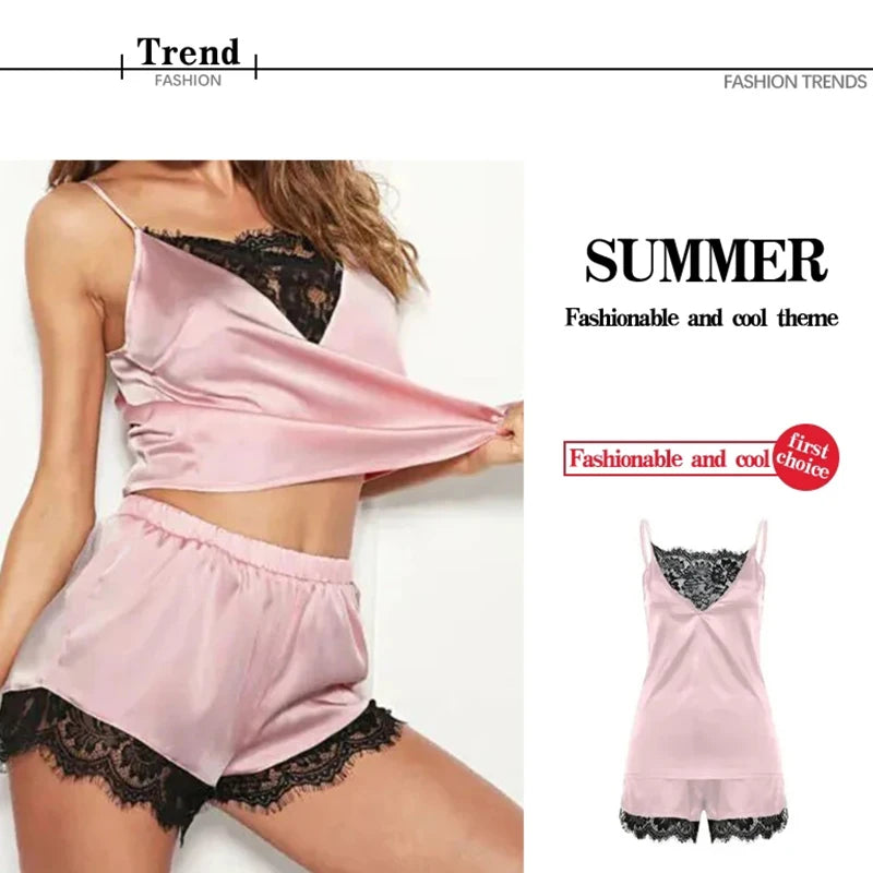 Ensembles de pyjama en dentelle femmes Pijama Mujer sangle sans manches vêtements de nuit sexy ensemble de Lingerie courte femme tenue de nuit
