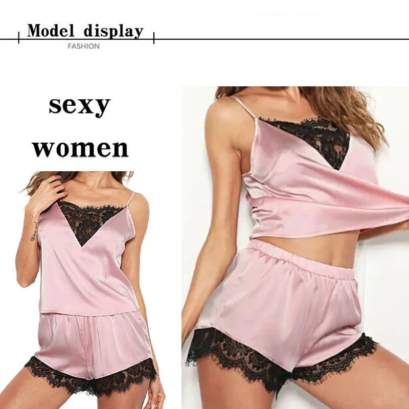 Ensembles de pyjama en dentelle femmes Pijama Mujer sangle sans manches vêtements de nuit sexy ensemble de Lingerie courte femme tenue de nuit