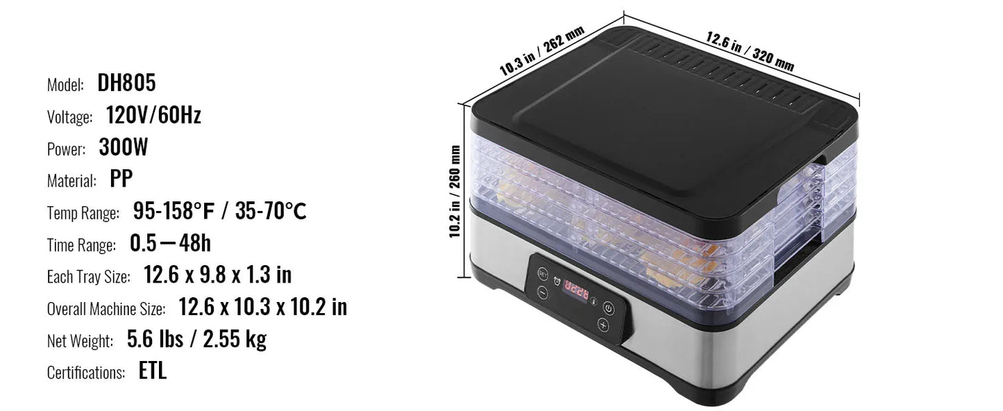SucceBuy – déshydrateur alimentaire électrique à 5 plateaux, 300W, en acier inoxydable, avec minuterie et température réglables numériques