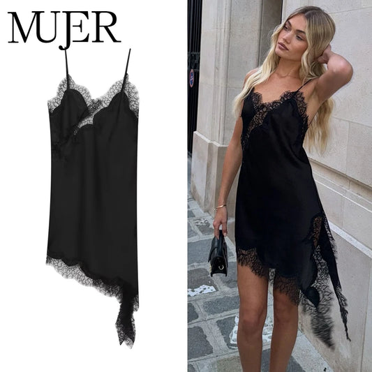MUJER 2025 dentelle robe femme noir dos nu robes courtes pour les femmes asymétrique fête femmes robe d'été Satin robes Sexy