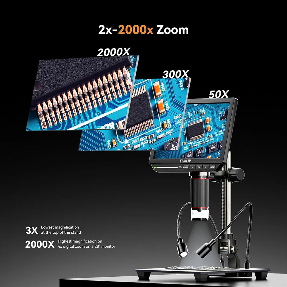 Elikliv EM4K 4K HDMI Microscope numérique pour l'électronique 8 "2000X Microscope à souder pour la réparation d'inspection de PCB avec support 10"