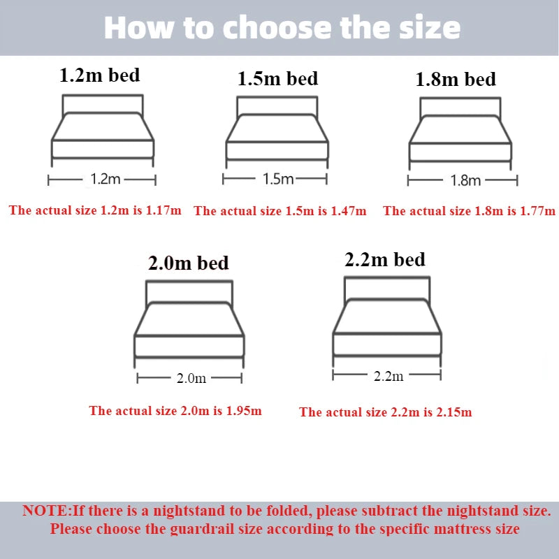 Guide de choix des tailles de lit : 1.2m à 2.2m, dimensions réelles indiquées pour chaque modèle