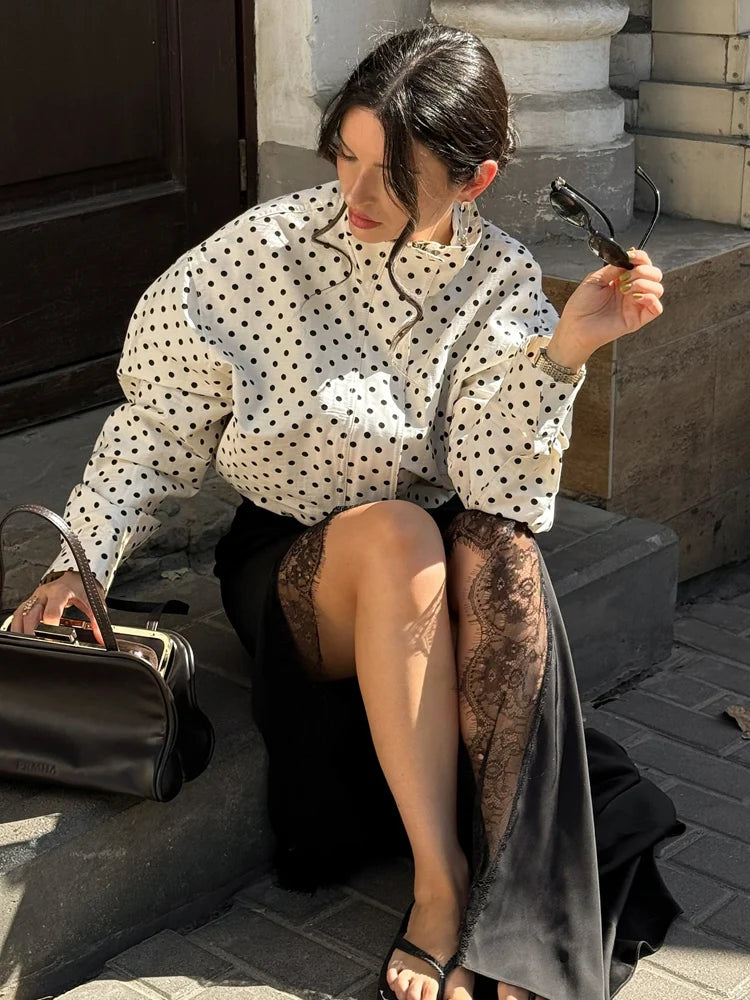 HH mode femmes à pois imprimé manteaux courts automne manches longues col roulé fermeture éclair avec poches cordon veste décontractée