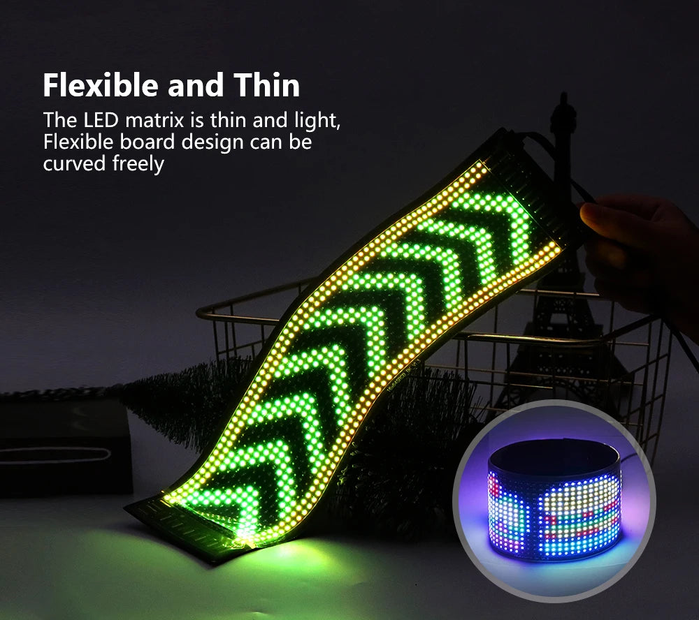 Bande LED flexible et fine avec motifs lumineux verts et jaunes, idéale pour décoration ou signalisation