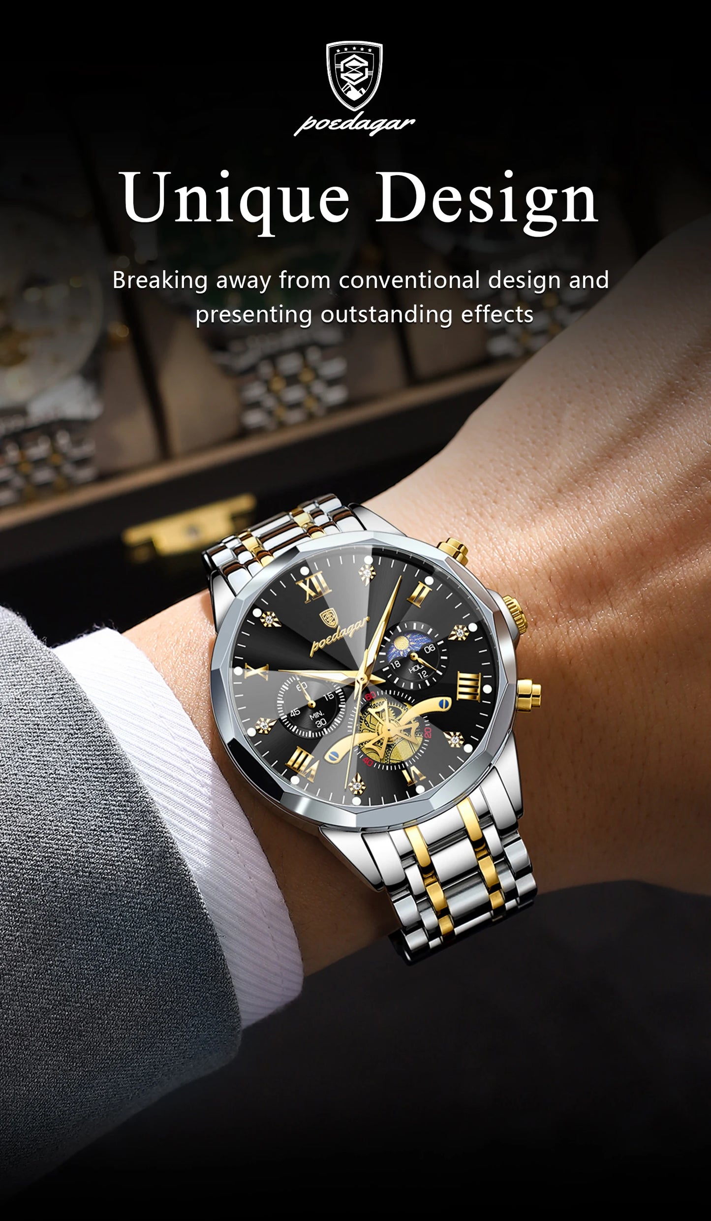 POEDAGAR Montre de luxe pour homme, étanche, chronographe lumineux, montre sport pour homme, acier inoxydable, montre à quartz tendance pour homme, Reloj