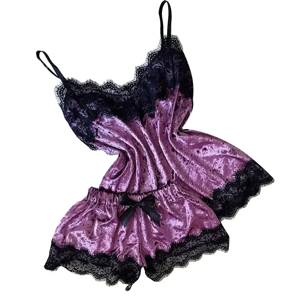 Été déshabillé en dentelle Sexy Satin pyjamas ensemble femmes chemise de nuit 2 pièces haut court et ensemble short et haut Homewear vêtements de détente