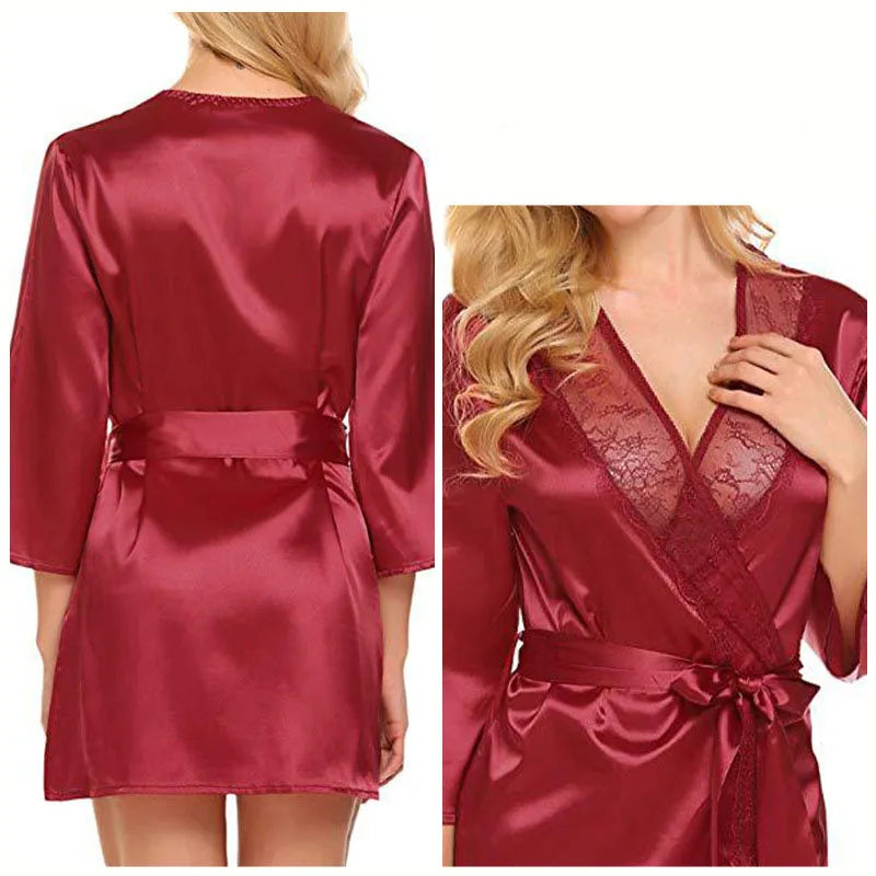 Robe de Nuit Sexy en Satin et Dentelle pour Femme, Chemise Courte, Kimono, Peignoir, Lingerie, Douce, Confortable, Noire, Grande Taille