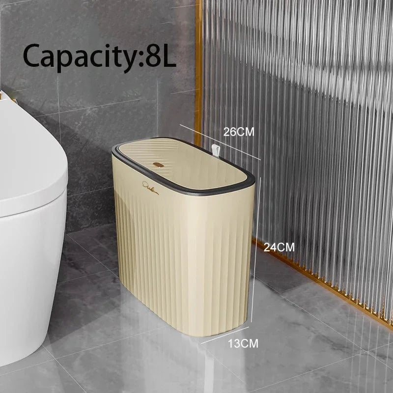 Poubelle de salle de bain 8L, design moderne, dimensions 26x24x13 cm, couleur beige, finition texturée