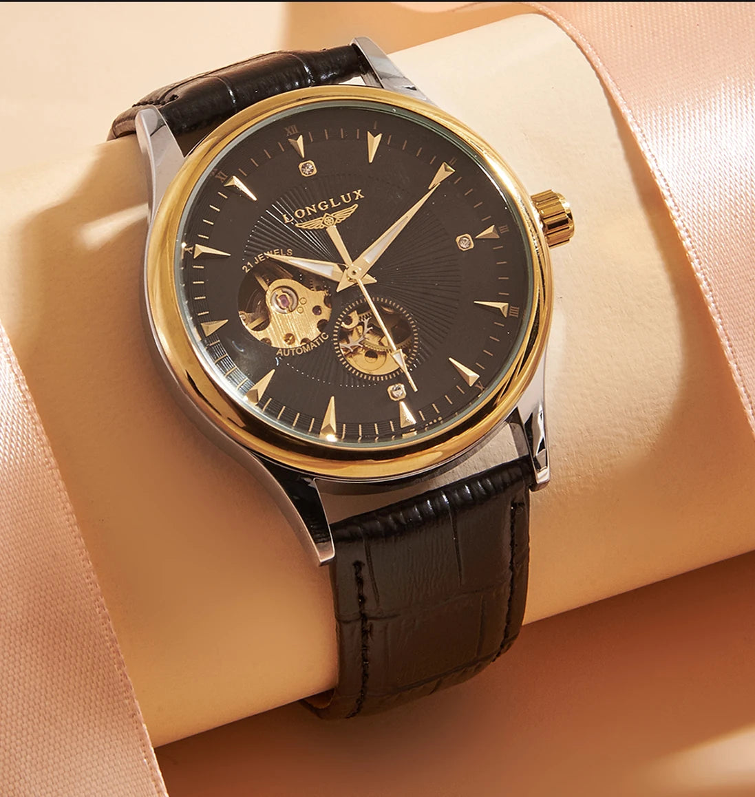 Montre automatique LONGLUX, style élégant, vente en gros, montres mécaniques squelette, cadran romain, étanche, montre homme, cadeau pour homme