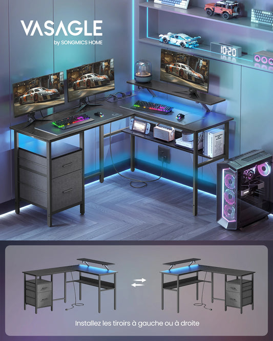 Bureau gaming angle avec éclairage LED, tiroirs amovibles, support écran et espace PC, idéal pour setup high-tech